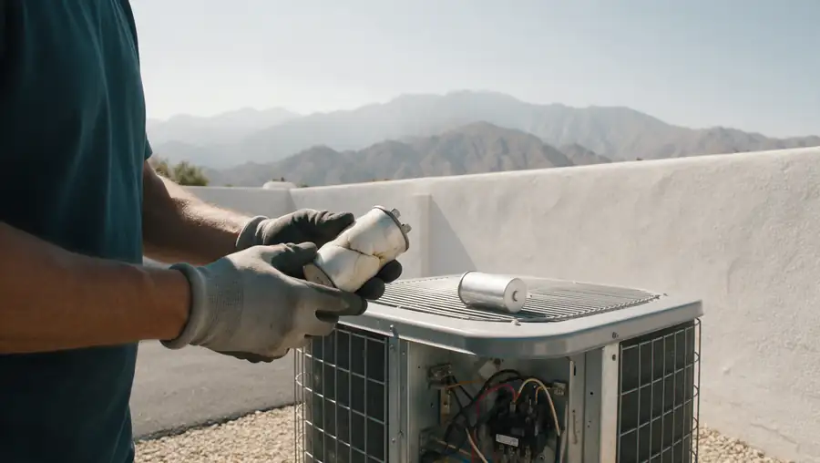 A gloved hand holding a swollen run capacitor next to an open condenser against a stucco wall, mountains behind