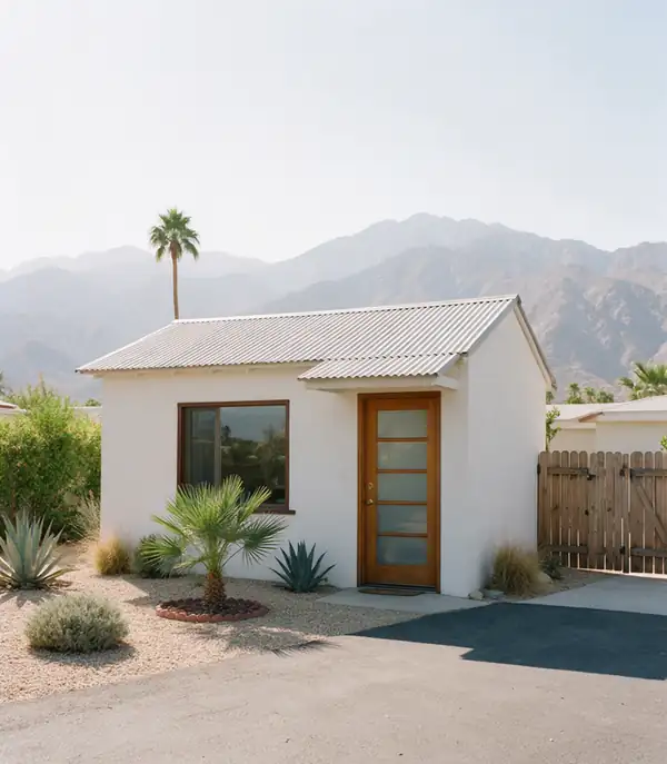 A small white guest casita with a wood door, agave and palms, mountains behind