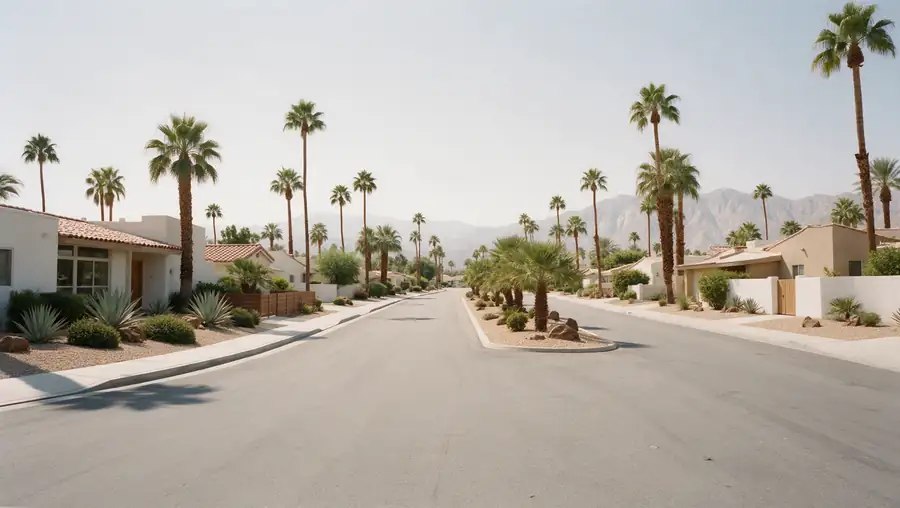 A wide Palm Desert street lined with palms and low houses, mountains at the end