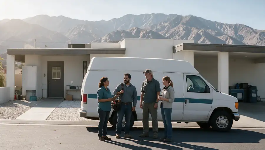 Four crew members talking beside the white service van in front of a mid-century house