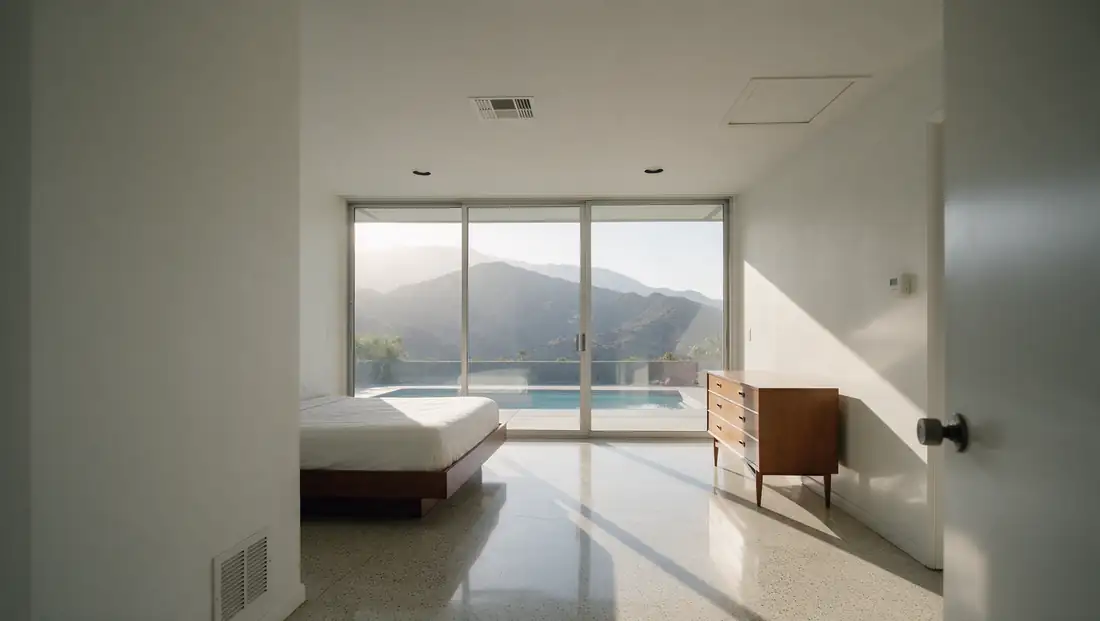 A white Palm Springs bedroom at 4:15 PM: a wall of west-facing sliding glass onto a pool and bare mountains, sun across the terrazzo floor, a supply register, two can lights and an attic hatch in the ceiling, a thermostat on the sunlit right wall.