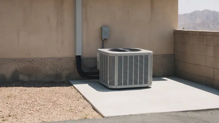 The same side yard with a new heat pump on a fresh pad