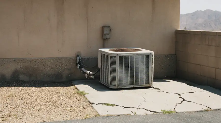 A sun-bleached 1998 condenser on a cracked pad against a stucco wall